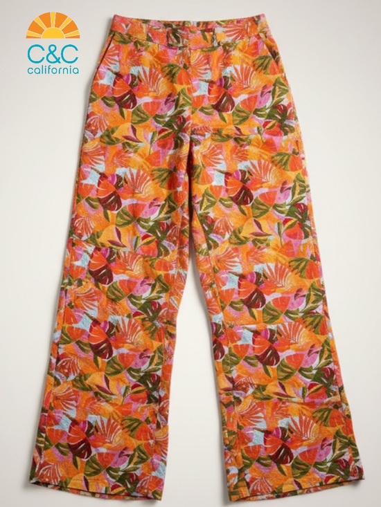 C&C California Pants - C&C California Wide Leg Pants Orange Tropical Palm Print 100% Linen NWT | Sz XL
